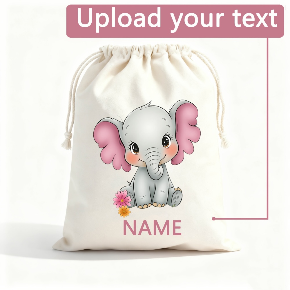 Baby Clothing Elephant - カスタム名入り漫画ベビーエレファントプリント巾着ポーチ、イミテーションリネン生地ギフトサック、パーソナライズされた子供用おもちゃ収納バッグ