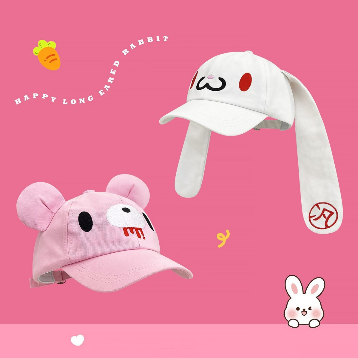 Sun Hat Wide Brim - ピンクの可愛い漫画風クマ耳付き野球帽 レディース ニッチでおしゃれなつば広バイザーハット 小顔効果のあるデザイン 調節可能な日よけ帽子