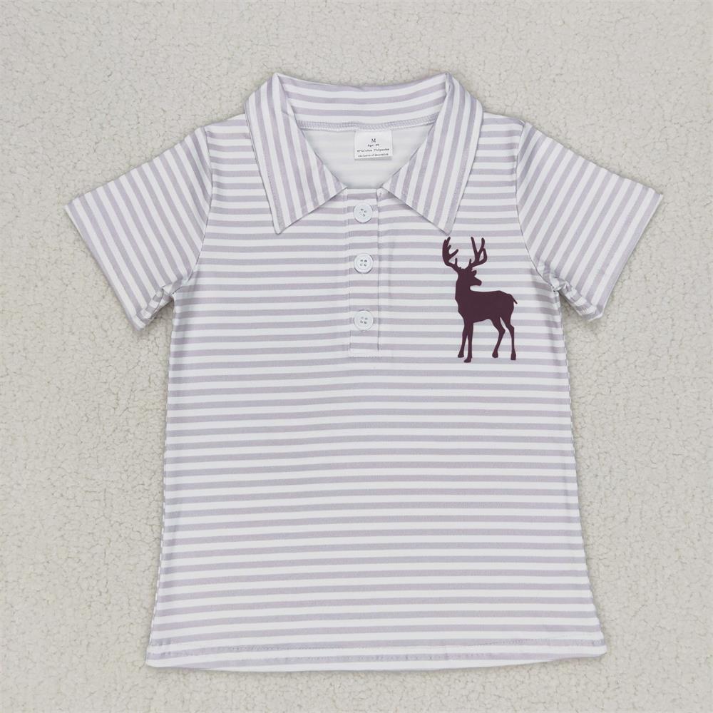 Baby Clothing For Summer - 子供用ラペルボタンTシャツ,半袖,男の子用シャツ,幼児用,鹿の縞模様,衣類,卸売,夏