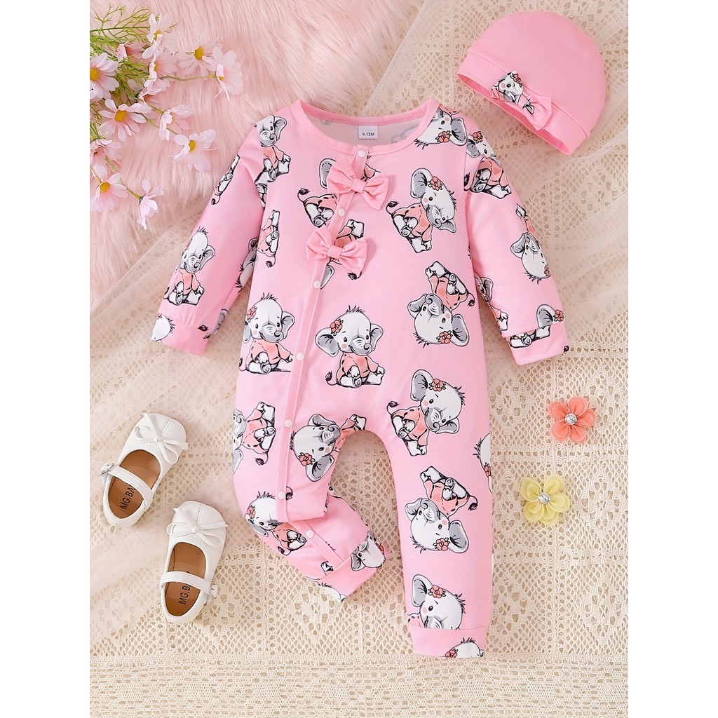 Baby Clothing Elephant - 0-24 ヶ月新生児女の子 2 個服セット長袖象ロンパース + 帽子秋のファッションかわいい幼児女の子写真撮影衣装