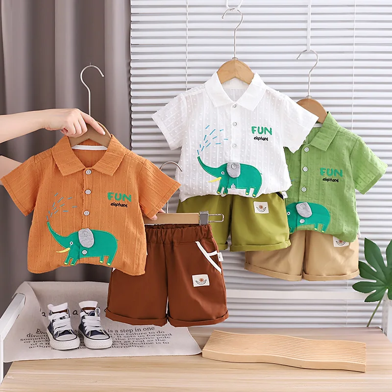 Baby Clothing Elephant - 2026年夏 ベビー男の子用2点セット 漫画象柄半袖シャツ＆ショートパンツ カジュアルコットン服 幼児向け
