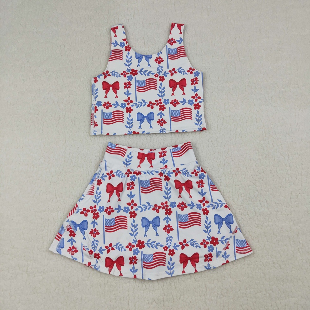 Baby Yoga Clothing - 卸売幼児用旗柄ボウシャツスカートショーツキッズスコートセットアスレチックウェアベビーガールヨガアクティブ独立記念日服