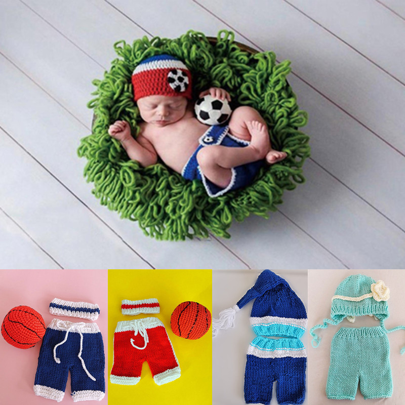 Baby Clothing Crochet - 新生児写真アクセサリーセット,かぎ針編みのベビーハット,バルーンパンツ,サッカーセット,写真撮影服,0〜3ヶ月,3/2個
