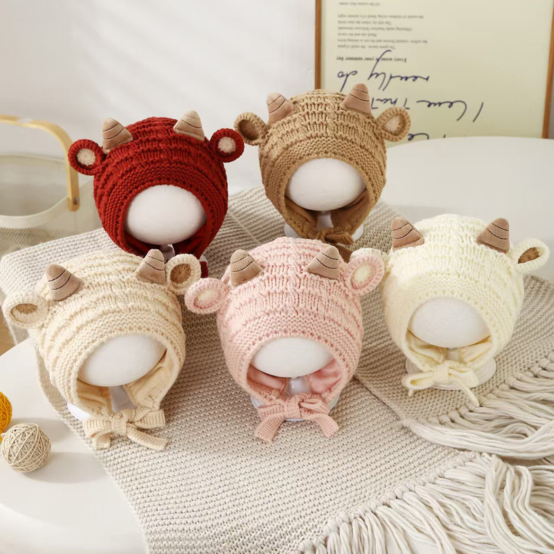 Baby Hat Beanie - ベビーウィンターニット暖かい帽子 45-50cm 幼児用ニットビーニー キッズ防寒耳当て付きキュートなスノーキャップ 子供用防風ウール帽子