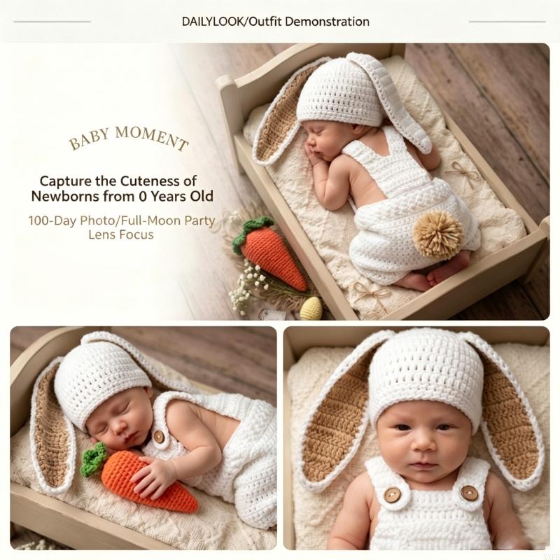 Baby Clothing Crochet - かぎ針編みニット新生児写真撮影小道具服ウサギテーマベビーロンパース帽子付き0-3ヶ月用ベビースタジオ写真撮影用