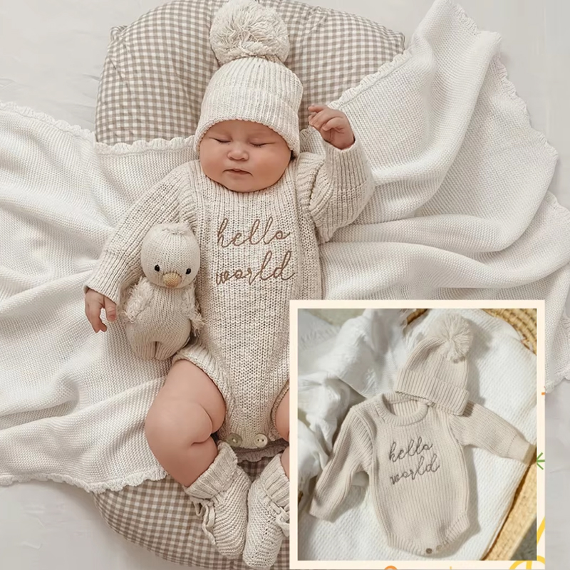 Baby Clothing Boy - Ylsteed Hello World 編み物新生児写真ロンパース お揃いのポンプ帽子付き 赤ちゃん男の子女の子セーター衣装
