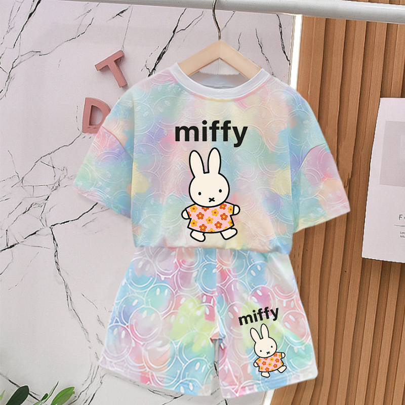 Baby Clothing For Summer - ミッフィーウサギの夏服セット女の赤ちゃん服かわいいプリントタイダイスミーレTシャツ子供半袖Tシャツショーツ2個