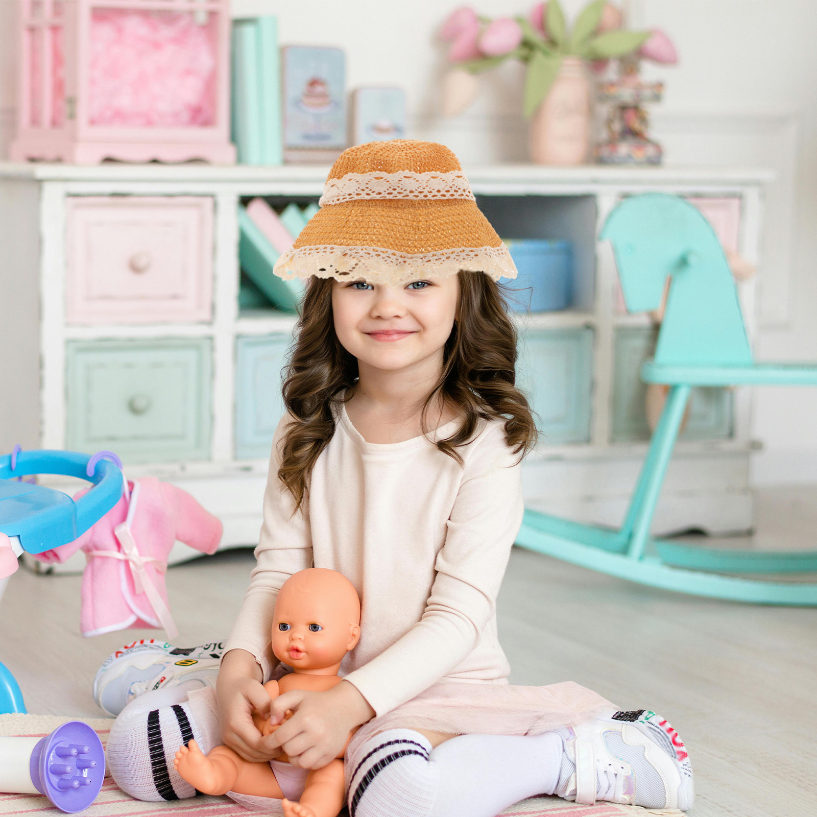 夏用キッズ麦わら帽子、ベビーガール用、つば広、レース付き、ビ - Sun Hat Wide Brim のレビューと価格