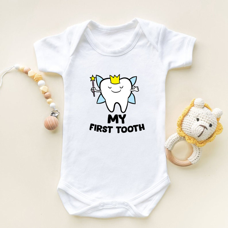 私は最初の歯プリント半袖ベビーロンパース幼児新生児ボディスー - Baby Clothing Brands のレビューと価格