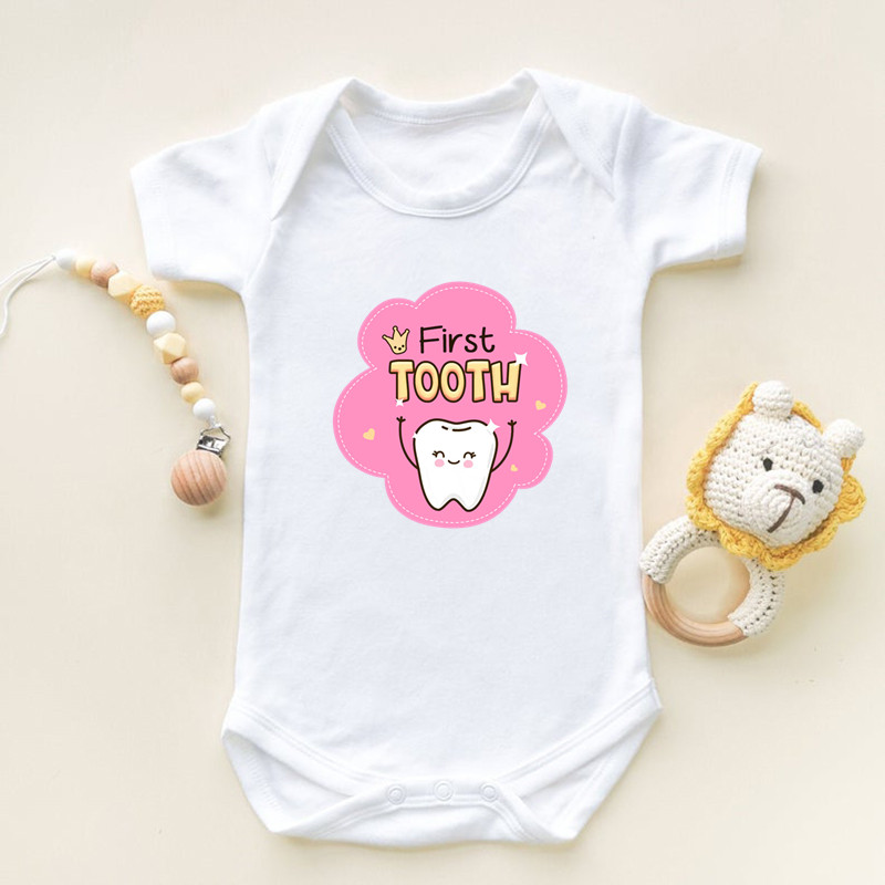私は最初の歯プリント半袖ベビーロンパース幼児新生児ボディスー - Baby Clothing Brands のレビューと価格