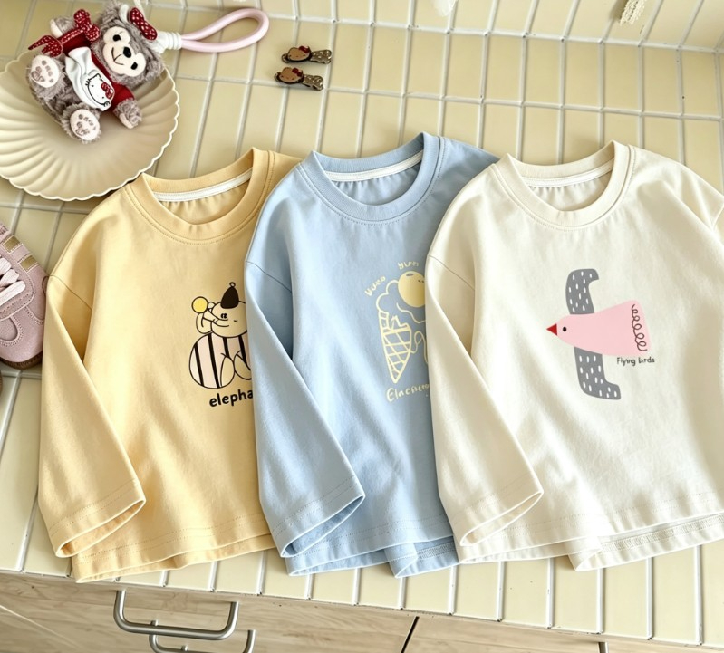 幼児向け漫画風ゾウとアイスクリームと鳥柄長袖Tシャツ、軽量コ - Baby Clothing Elephant のレビューと価格