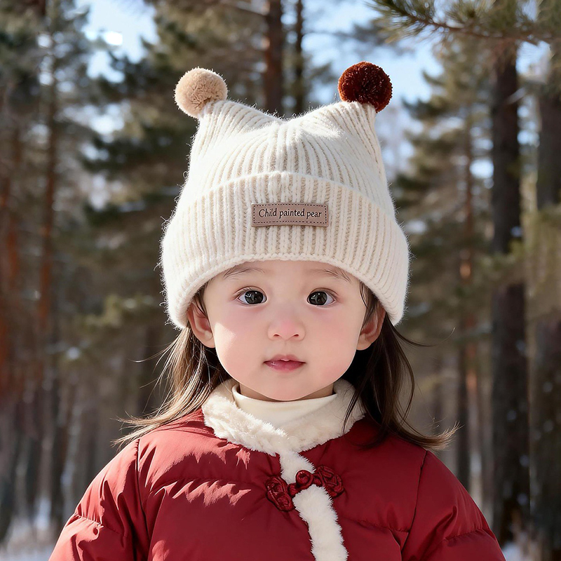 1-4 年ベビーニット帽子かわいいダブルぬいぐるみボールプル - Baby Hat Beanie のレビューと価格