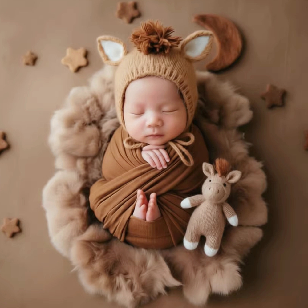 ニット馬帽子人形付き新生児写真撮影小道具動物ベビービーニー帽 - Baby Hat Beanie のレビューと価格